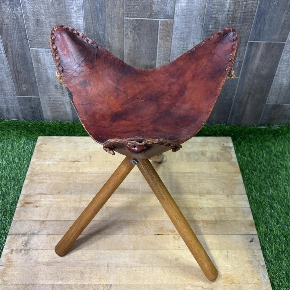 Vintage 1950s Teak Leather Folding Tripod Footstool Ottoman Safari Decor